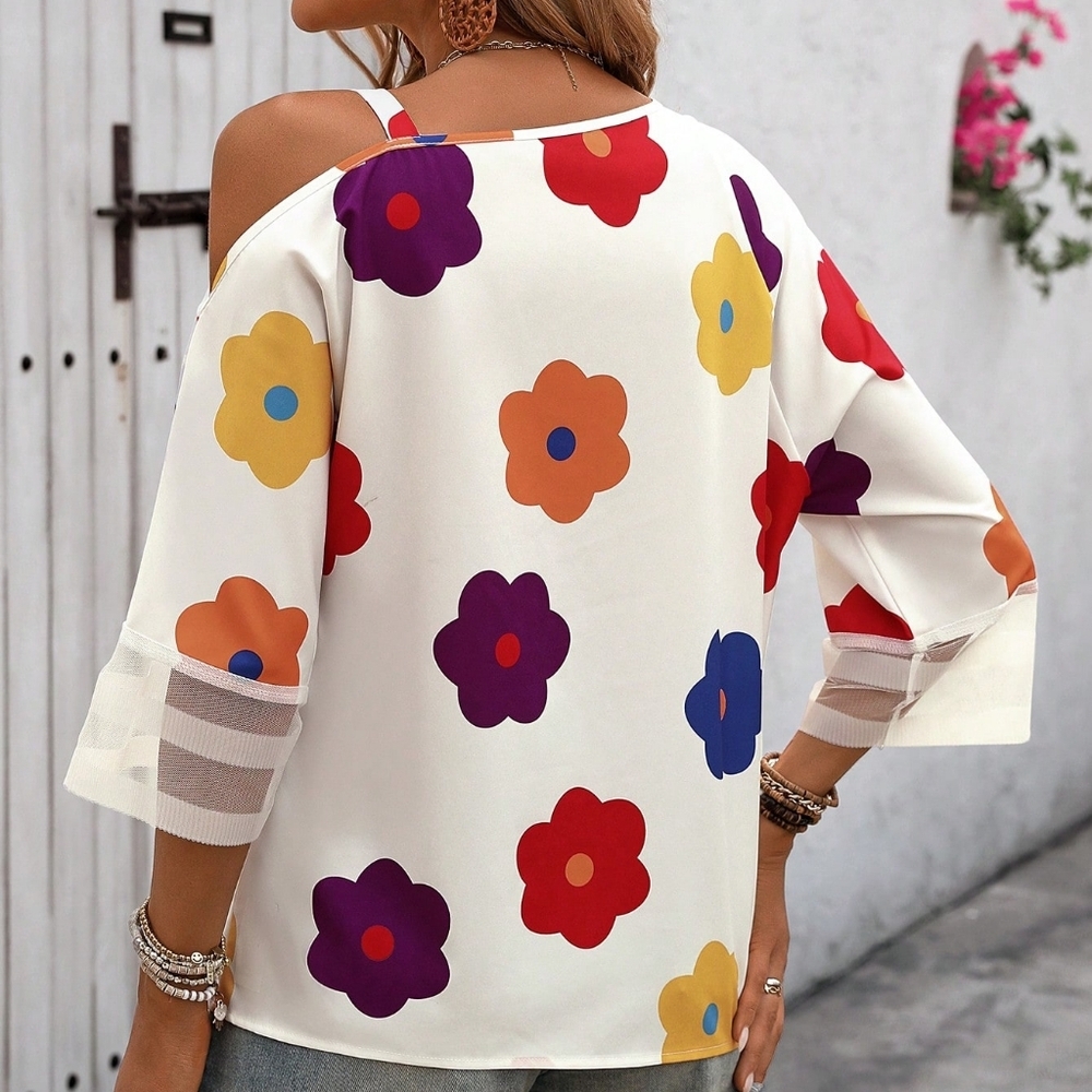 Women Spring/Summer Loose Shirt With Floral Print And Asymmetrical Collar - Picture 4 of 4
